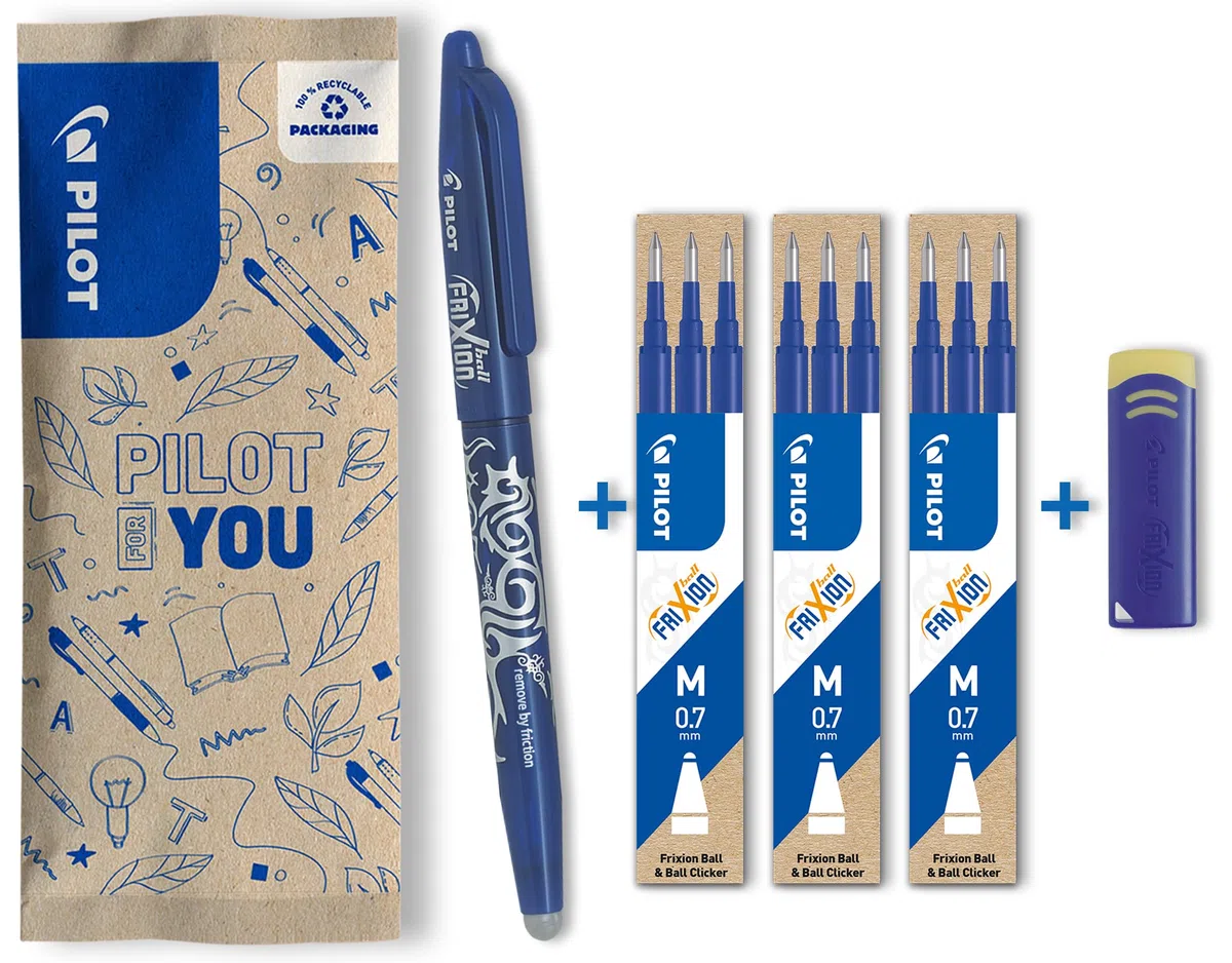 PILOT - Caja de 1 FriXion Ball + 3 Set de 3 Recambios + 1 Goma -Bolígrafo Rollerball Recargable - Azul - Punta Media