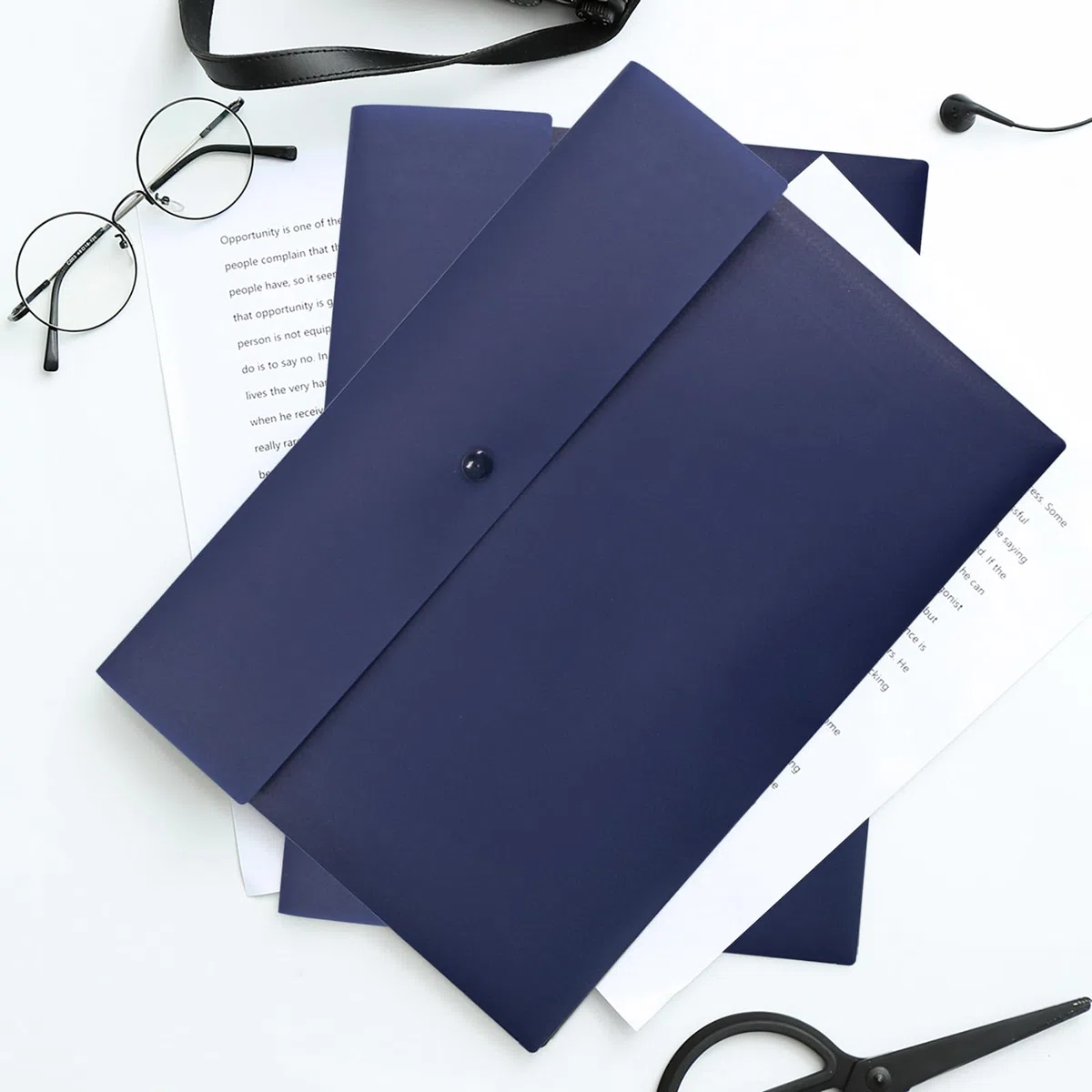 VANRA Carpeta de polietileno con bolsillos para archivos, sobres de plástico, organizador de cartas con cierre de botón a presión, tamaño carta A4 (azul marino)