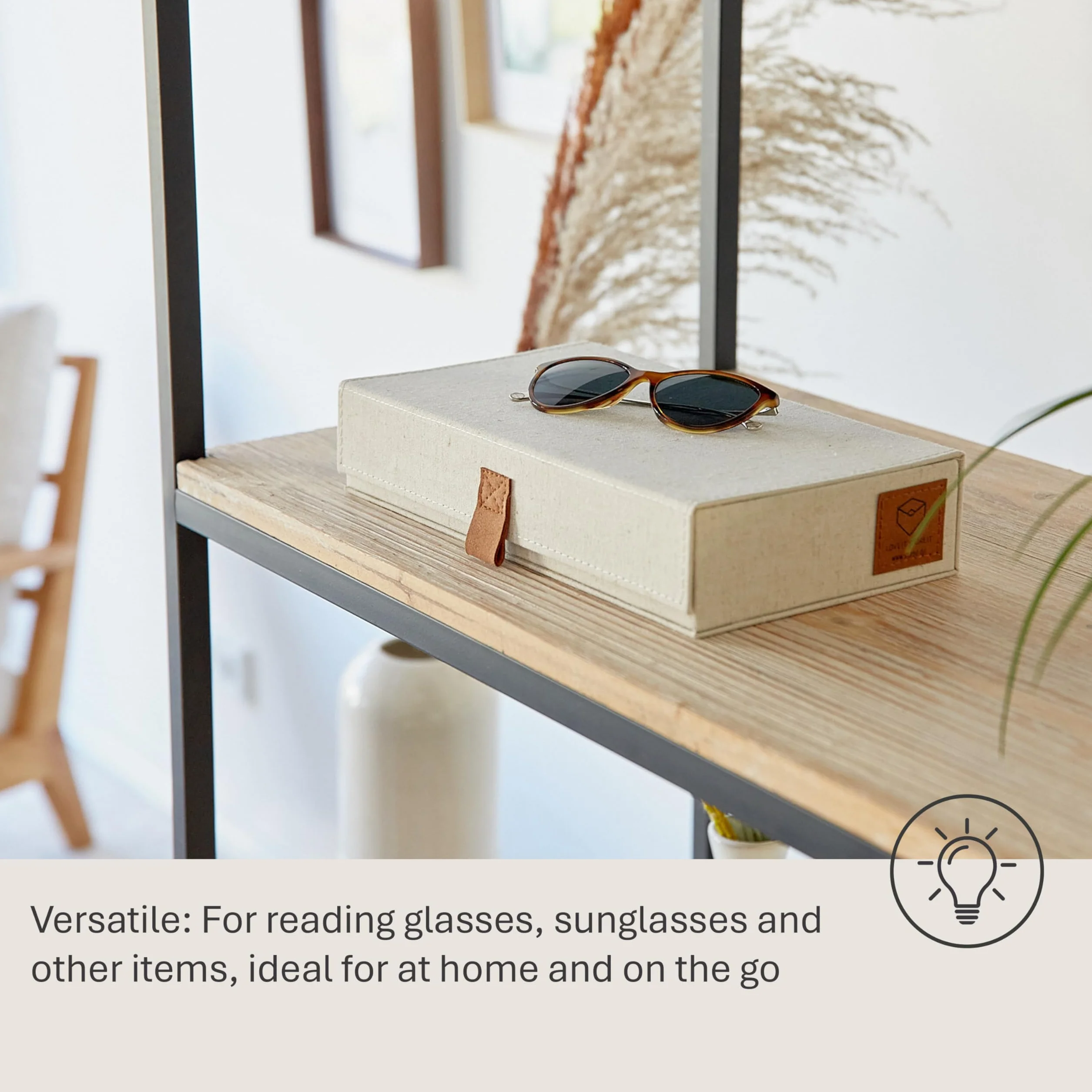 LOVE IT STORE IT Premium - Caja de almacenamiento para gafas, mezcla de lino y algodón, terciopelo interior, madera reforzada con 5 compartimentos, beige, 30 x 17 x 6 cm