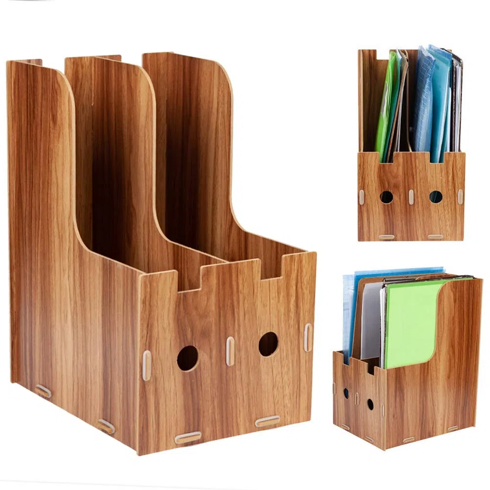 Revistero Archivador, Archivadores de Revistas Caja Almacenamiento Escritorio Madera Organizador Documentos Vertical con 2 Compartimientos Revisteros Cartón para Archivos Escritorio(Madera de Cerezo)