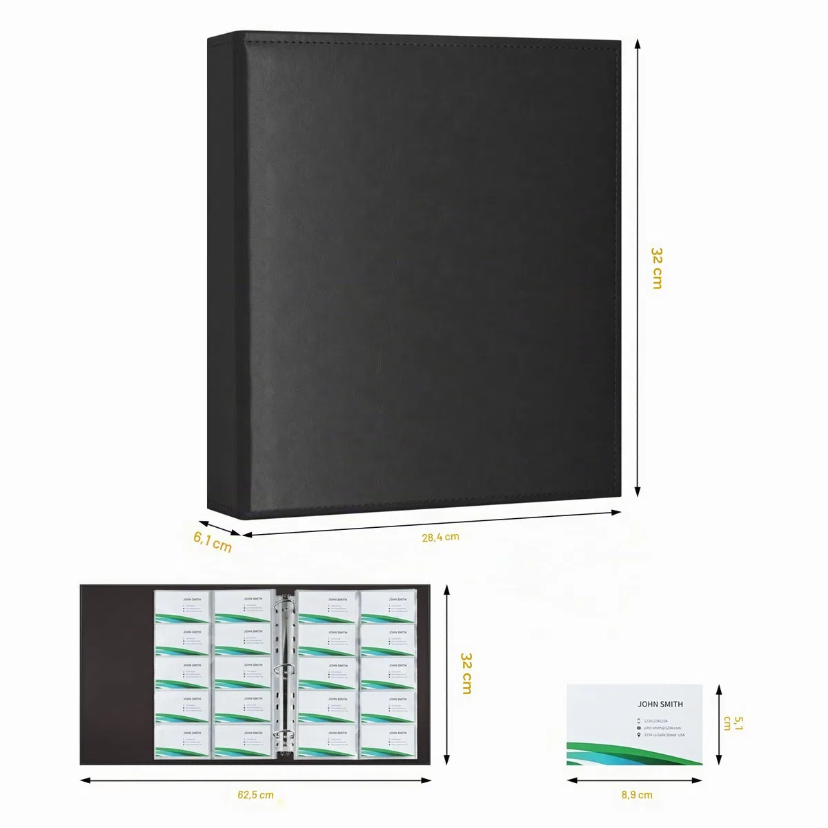 Álbum Organizador de Tarjetas de Visita 600 Unidades - 30 Páginas Recargables, Carpeta A4 Anillas, Carga Lateral, Cubierta PU Cuero Negro | Oficina