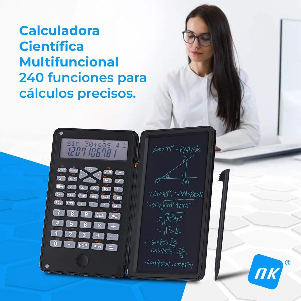 Calculadora Científica de 240 Funciones, Pizarra en Tabla de Escritura de 6'', Lápiz electrónico Incluido, Tapa Protectora, Botón de Control, Batería 1 x CR2025, Color Negro
