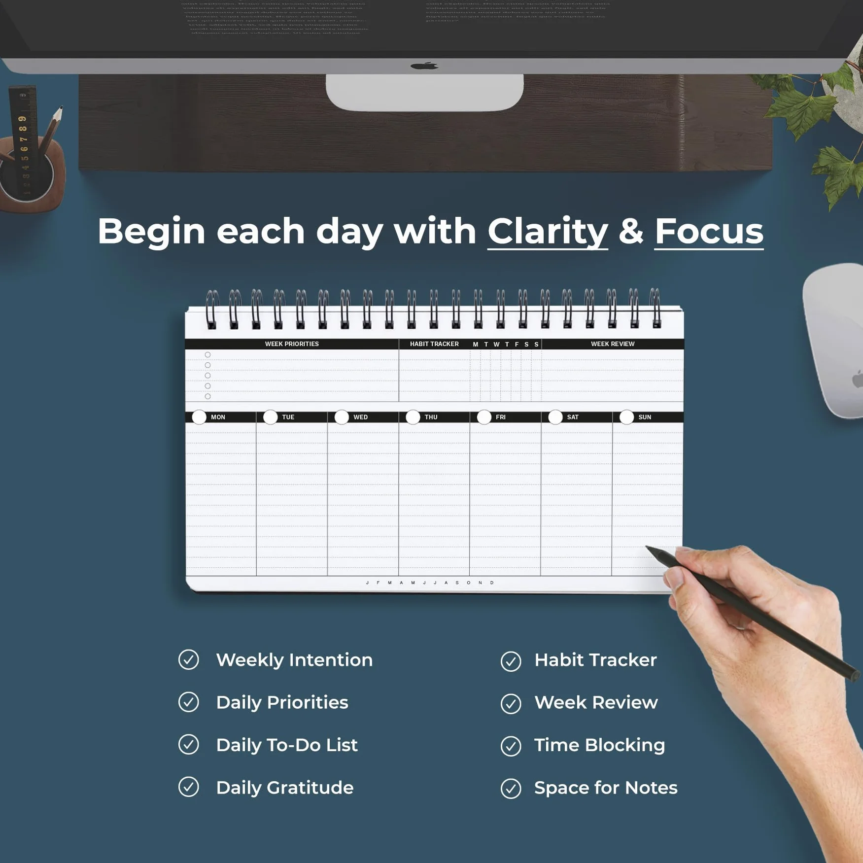 Undated Weekly Planner 2025 | Daily Agenda To Do List Notepad Day Planner Notebook | Monthly School Task, Work Schedule Planners | Yearly Horizontal Calendar Spiral Desk Organizer | V1
