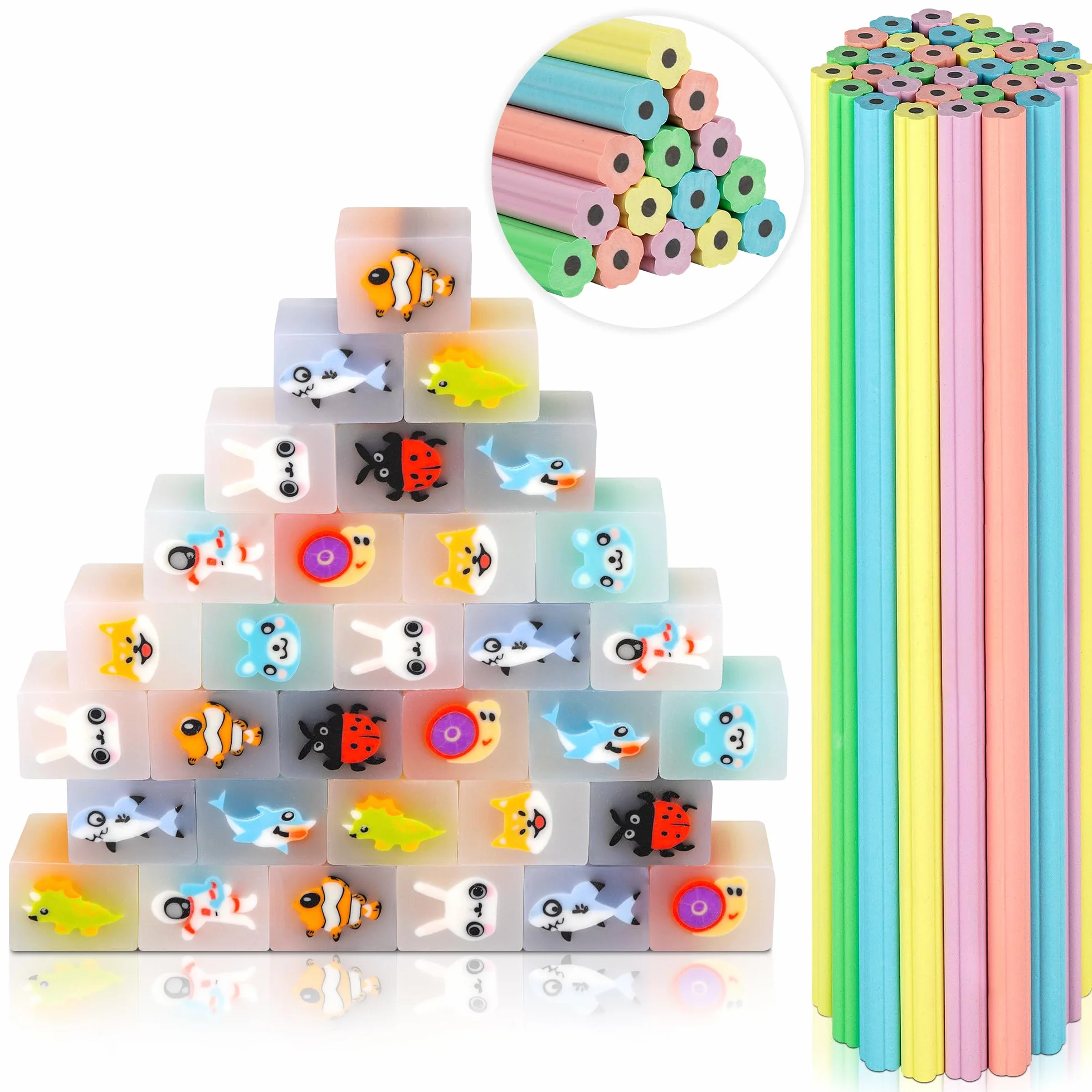 64 PCS Lapices con Gomas Niños Regalo,32 Gomas de Borrar Divertidas + 32 Lapices Pétalos Niños,Regalos Cumpleaños Niños Colegio,Detalles Cumpleaños Niños
