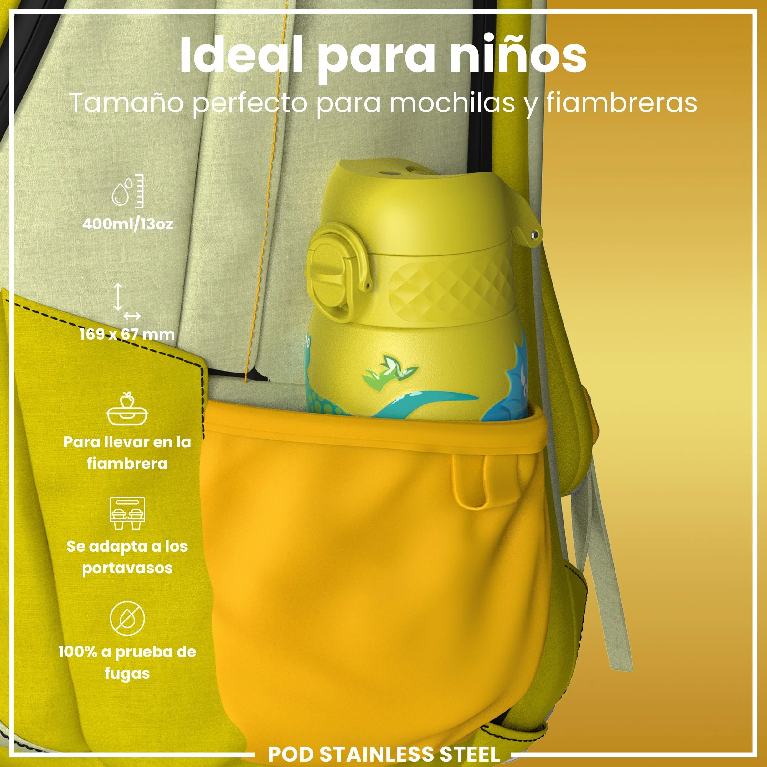 ion8 Botella Agua Inox Ligero para Niños 400ml Sin Aislamiento a Prueba de Fugas Fácil de Abrir Cerradura Segura Apta para Lavavajillas Tapa Abatible Dinosaurios
