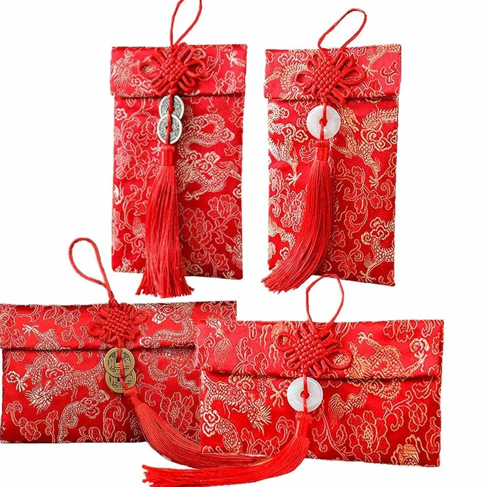 4 sobres rojos de seda china, sobres rojos con elementos de dragón chino de la suerte para bodas, Año Nuevo, bolsillos rojos para dinero, aproximadamente puede contener 100 hojas, 4 estilos