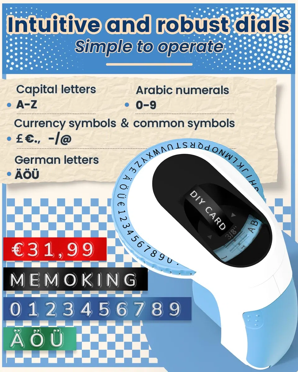 Memoking Máquina etiquetadora de estampen Relieve E975 3D Embossed Label Printer Machine with 3 Rolls Emboss Tapes, Labelling Machine, for Home Organization, DIY Crafting, Regalo (£/€, Ä, Ö, Ü)