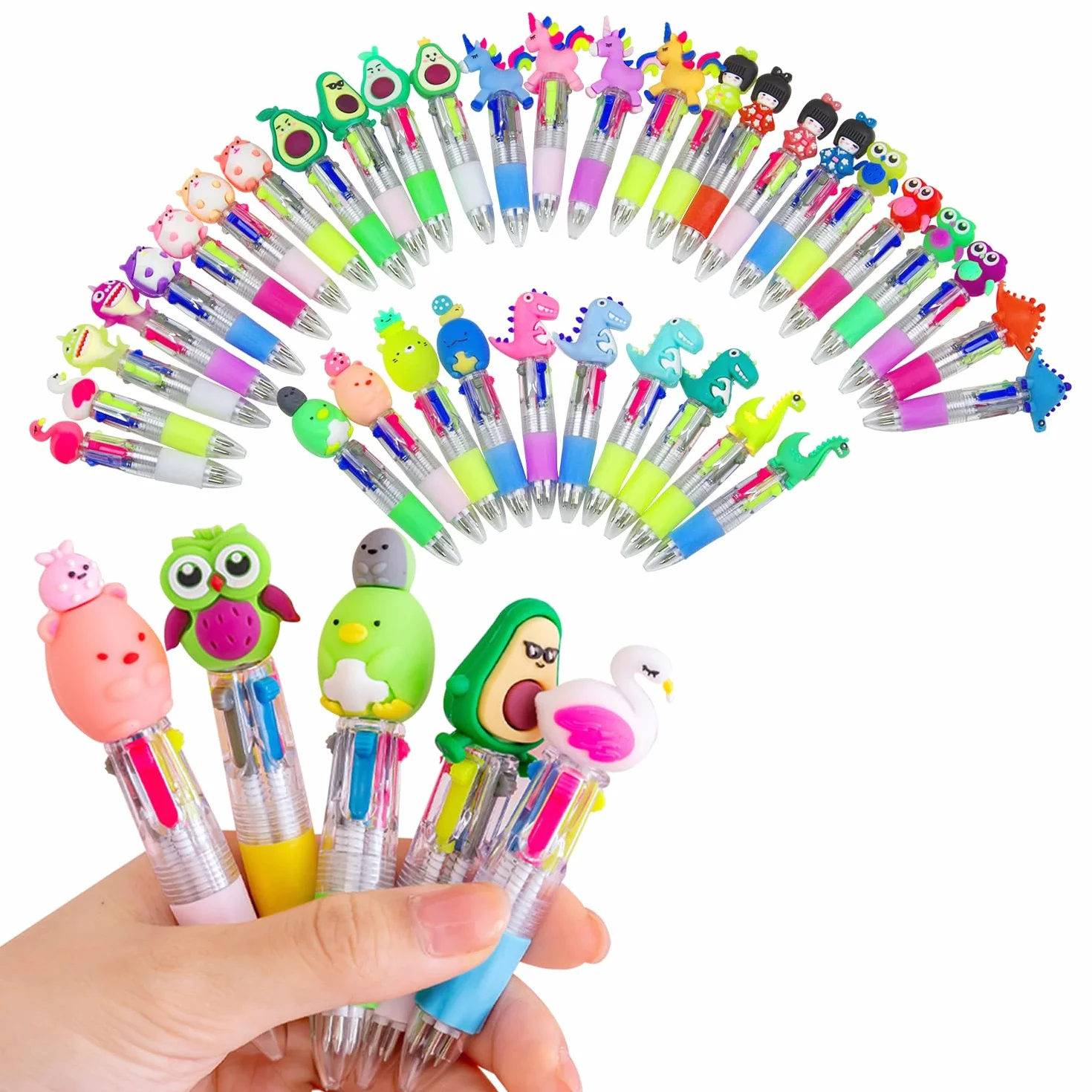 Yolistar Set de 36 Bolígrafos Retráctiles 4 en 1 de Animales de Colores - Detalles para Cumpleaños, Colegio y Fiestas Infantiles