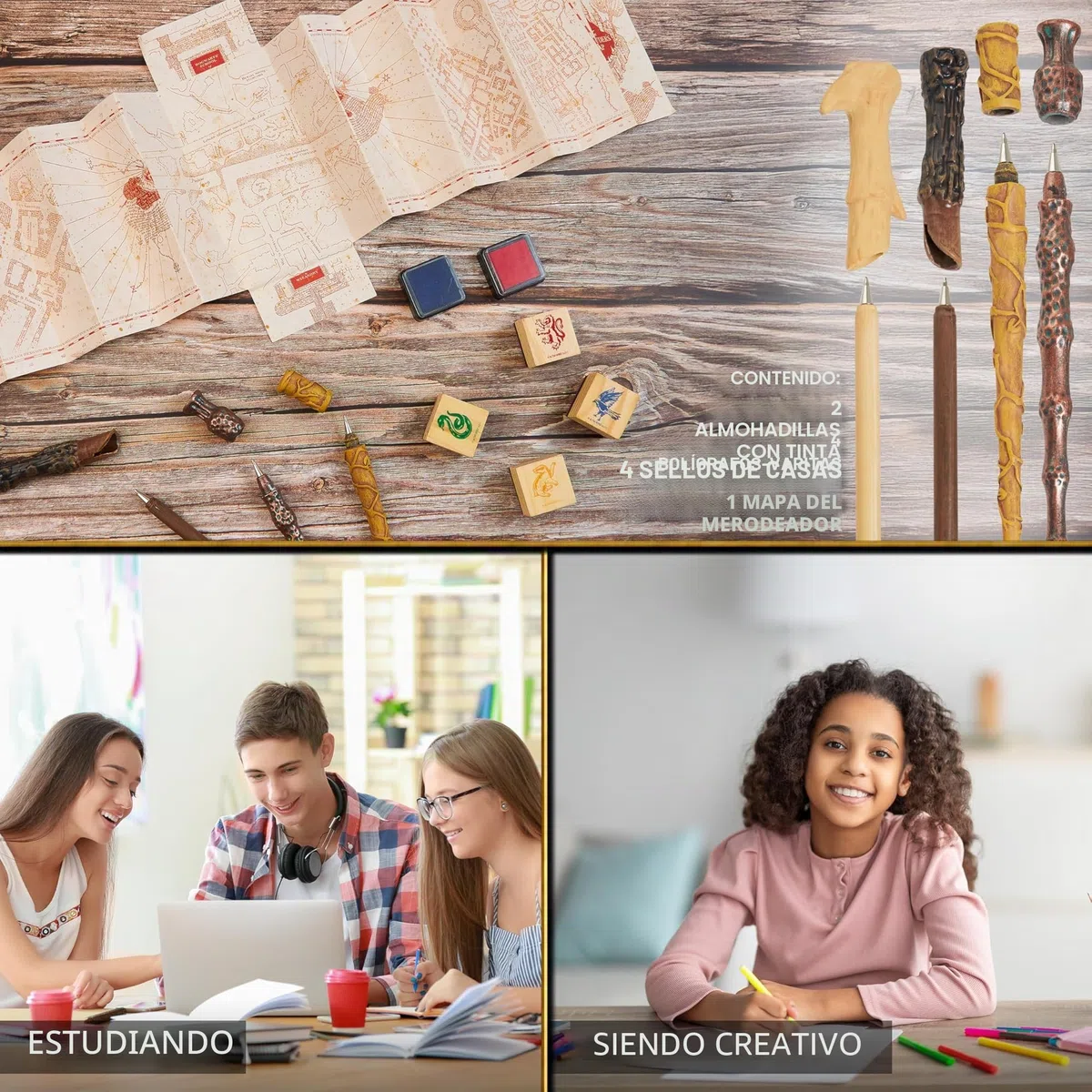 HARRY POTTER Bolígrafos Varitas Papelería con Mapa De Merodeador Hogwarts Sellos Kit y Juego de Tinta
