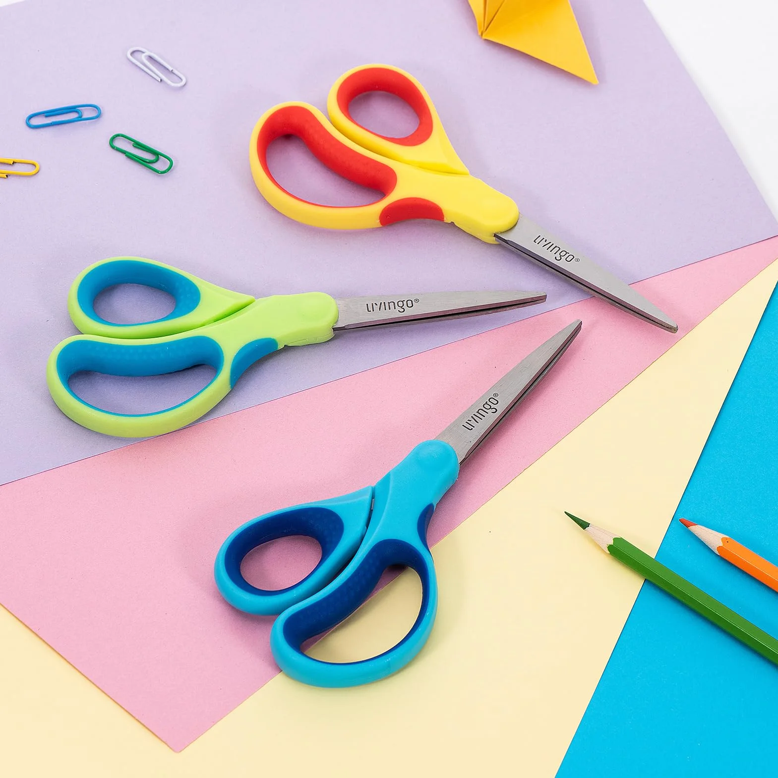 LIVINGO Tijeras para estudiantes: Paquete de 3 unidades de 7 pulgadas, diseño ergonómico para diestros y zurdos, punta puntiaguda segura. Ideales para uso escolar y actividades de arte.