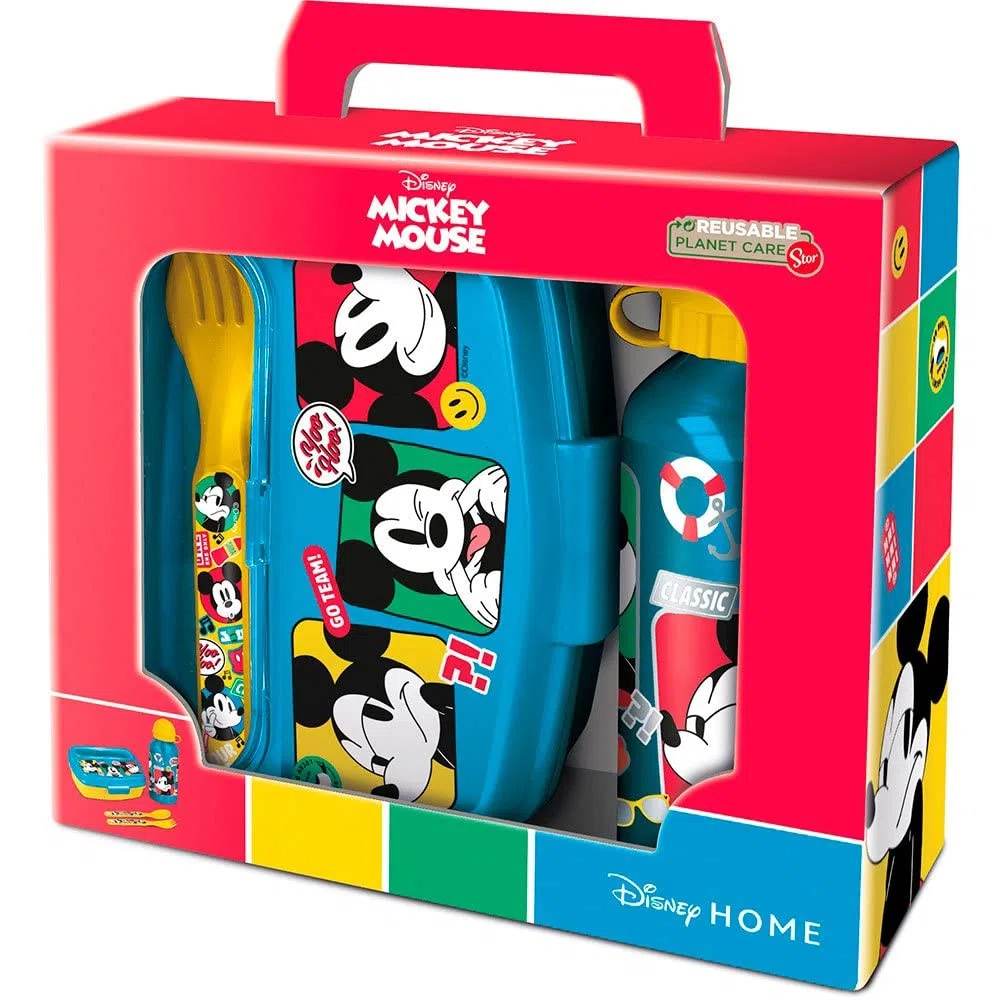 Set de botella de aluminio de 400 ml y fiambrera con cubiertos de Mickey Mouse