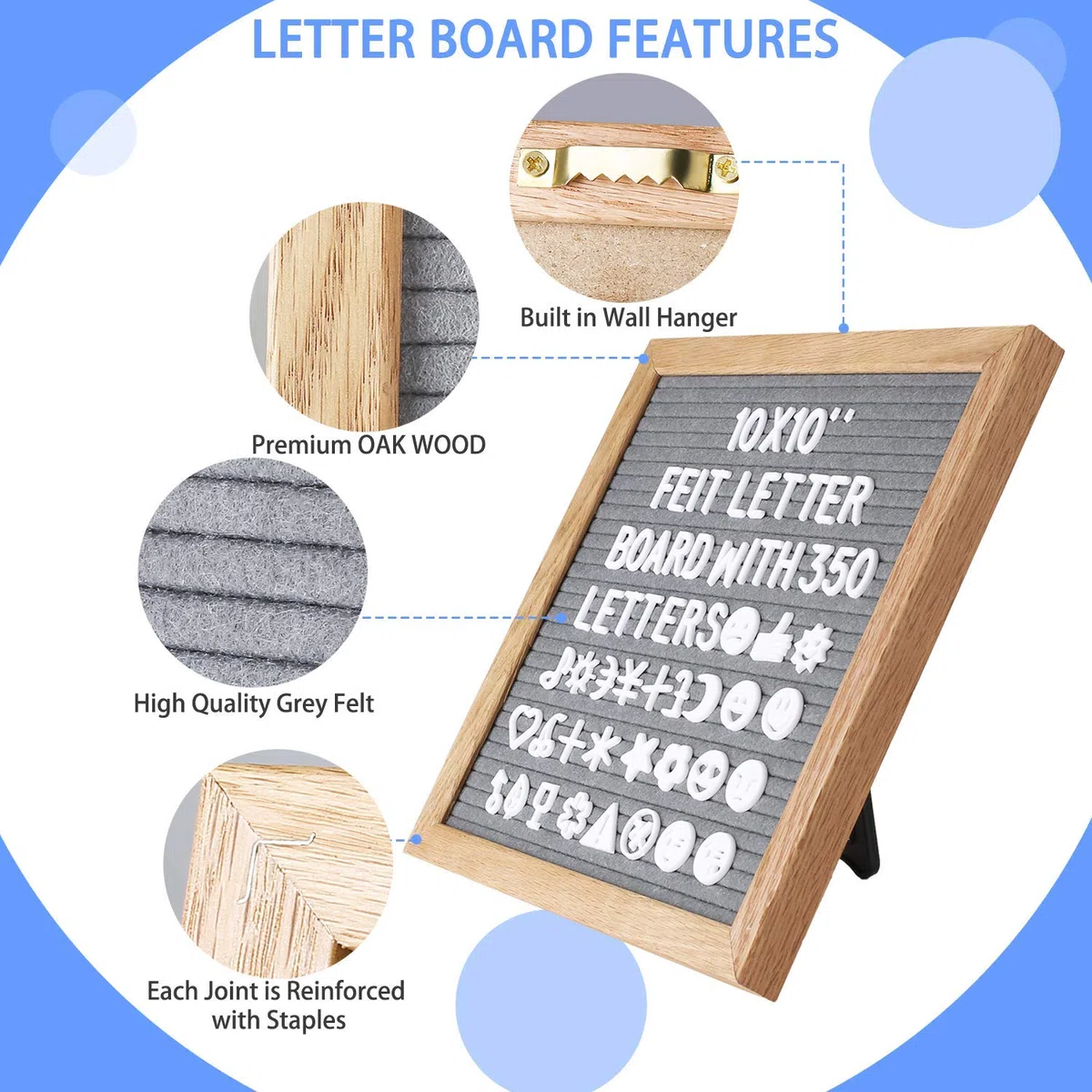 Tablero de Fieltro de Cartas Vintage 25 x25 CM, Tablero de Letras, Tablero de Mensajes de Roble Gris,350 Símbolos y Soportes Alfanuméricos Blancos Intercambiables, Tablero de Anuncios