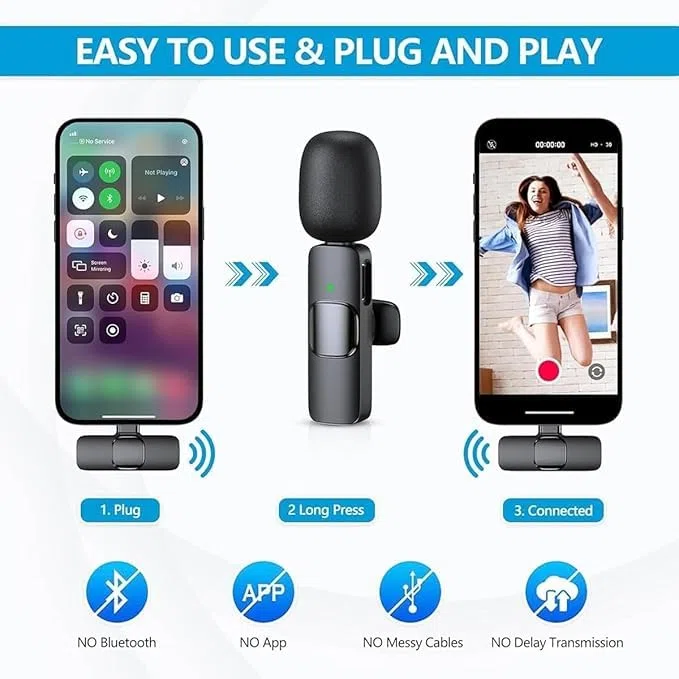 Clipmic Duo - Juego de micrófono inalámbrico reductor de ruido, micrófono Lavalier inalámbrico, micrófonos de solapa Plug and Play, fácil de llevar, mini micrófono de grabación de video, para