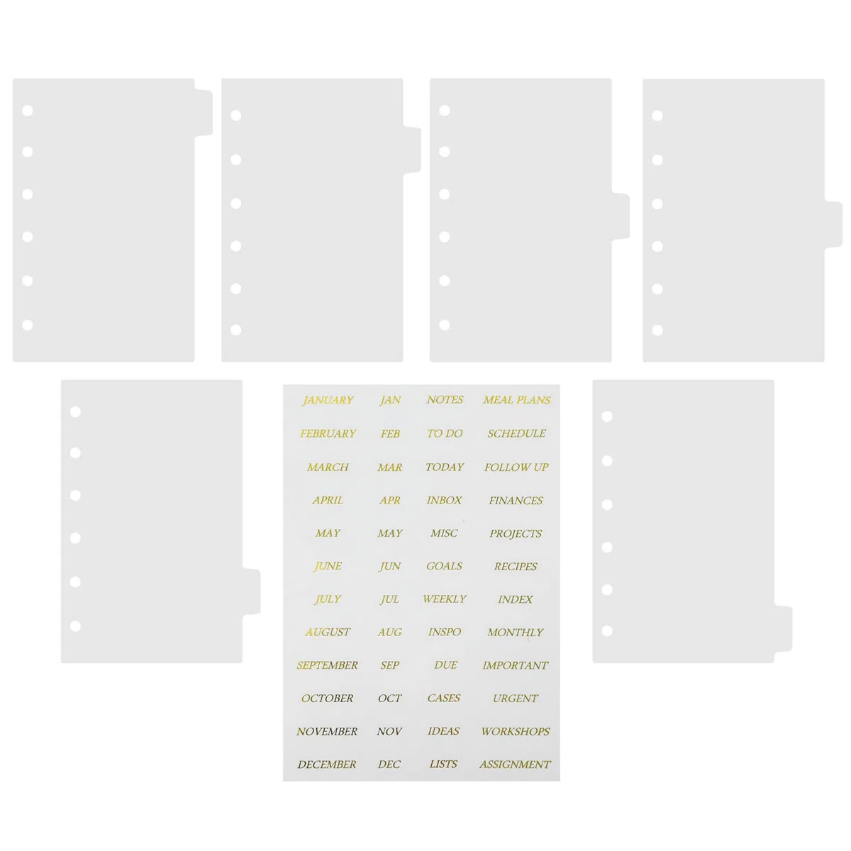 SHINEOFI Separadores de Carpeta Transparentes A7 de 6 Anillas, Divisores de Página de Plástico Pp Mate con 7 Hojas y Pegatinas de Color Dorado, Organizador para Cuadernos, Agendas