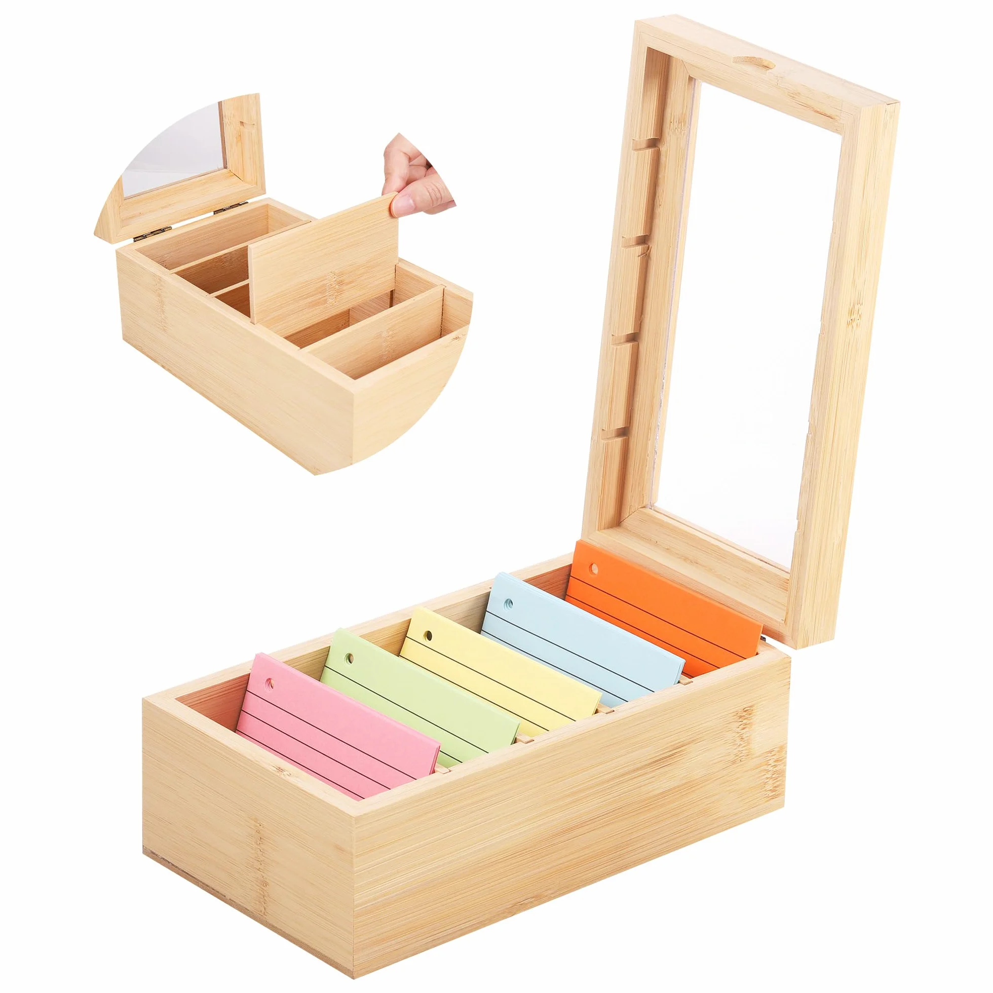 Organizador de Tarjetas de Madera con 5 Compartimentos y Tapa Transparente - Caja para Fichas A8 Extraíble (22x13x9 cm) para Oficina, Escuela, Hogar