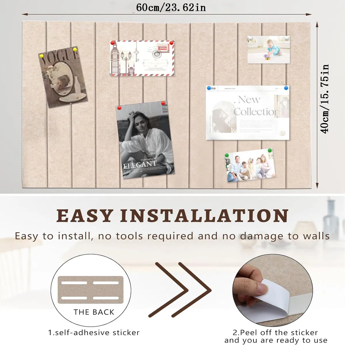 MEISO Corcho Pared Autoadhesivo 60 x 40 cm, Tablero de Corcho, Tablón de Anuncios de Corcho con 25 Chinchetas, Tablón de Fieltro para Colgar Fotos Notas de Oficina Decoración del Hogar