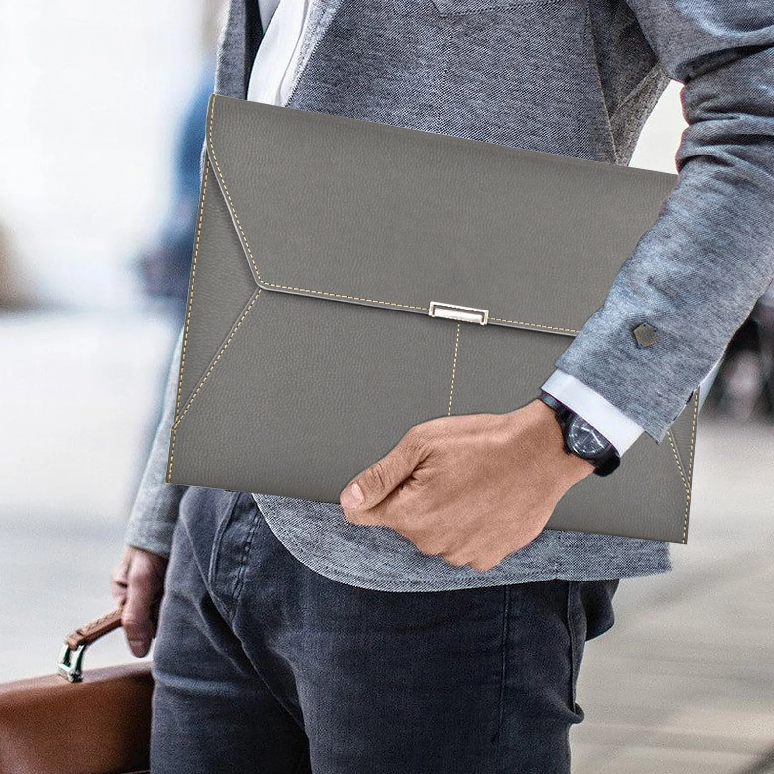 VANRA Carpeta de archivos, organizador de documentos, impermeable, carpeta de cuero con 3 bolsillos, sobres de archivo para papel tamaño carta A4 con cierre de botón magnético a presión (gris)