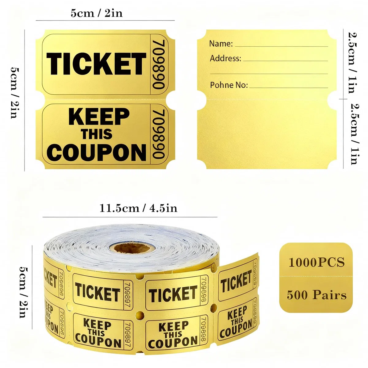 1000 Piezas Boletos De Rifa Rollos Dobles (500 Pares), Numeración Consecutiva, Rojo/Azul, Encuesta Boletos De Lotería Desprendibles para Eventos Carnaval Entradas Premios y Recompensas (Dorado)