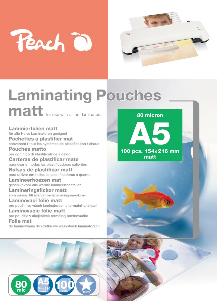 Peach S-PP580-30 - Láminas para plastificar (A5, 80 micras, 100 bolsas, mate, se puede escribir para mejores resultados de laminación, compatible con dispositivos de todas las marcas