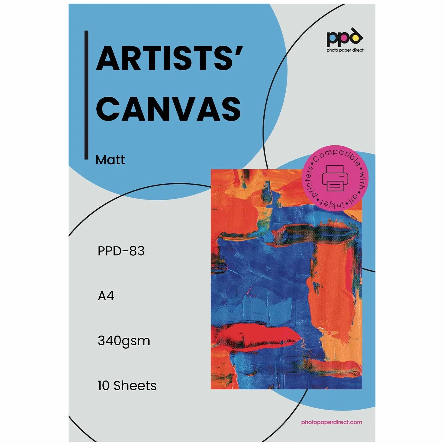 PPD Inkjet - A4 x 10 Hojas de Papel Fotográfico de Lienzo Canvas Imprimible 340 g/m² - 100% Algodón - Lienzo de Arte Personalizable - Para Todas Impresoras de Inyección de Tinta - PPD-83-10