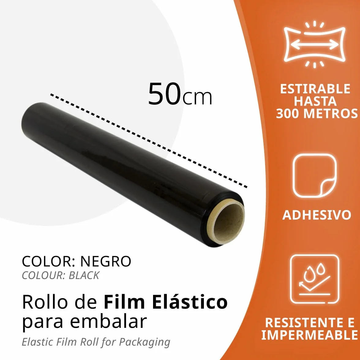 OFITURIA Film para Embalar 50 cm de Ancho y Estirable Hasta 300 Metros de Longitud – Rollo de Film Elástico Manual para Embalaje Industrial (Negro, 1)