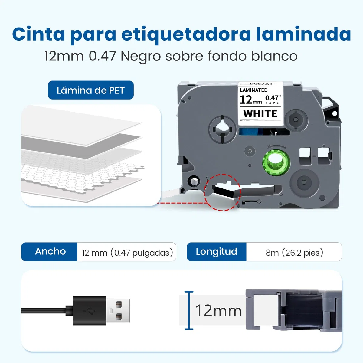 TZe 231 Cinta Compatible para Brother P-touch Tapes Etiqueta Reemplazo 12mm 0.47 Negro sobre Blanco Laminada para TZe231 Tz 231 Aze 231 para P-Touch PT-H100lb PT-H105 PT-D210 PT-E110 PT-1010 PT-100 4X