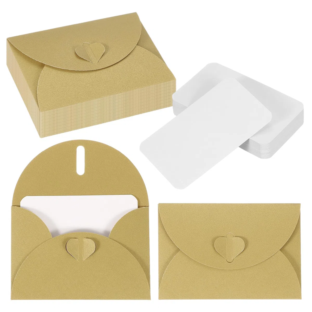 PATIKIL 50 Juegos De Sobres Mini Con Cierre De Corazón 4.1x3" Tarjetas En Blanco Con Sobres Para Regalo Invitación De Boda Graduación Día De Acción De Gracias Navidad Dorado