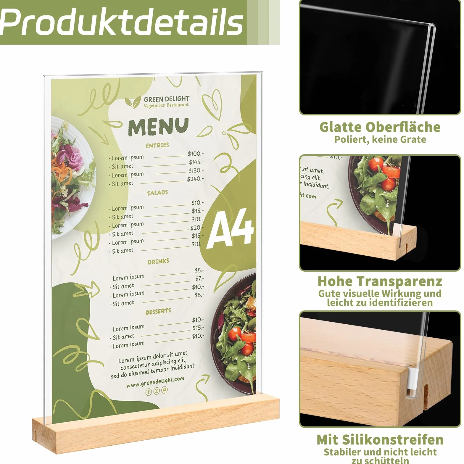 Yoosso Expositor de mesa acrílico A4, 2 unidades, A4, soporte para carteles con base de madera para publicidad, menú, boda, cafetería, restaurante (forma L y T, 2 posibilidades)