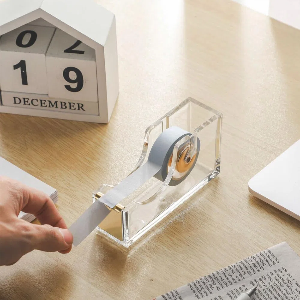 Dispensador de cinta acrílica, soporte transparente antideslizante para rollo de cinta de escritorio para artes, escuela, hogar y oficina [dorado]