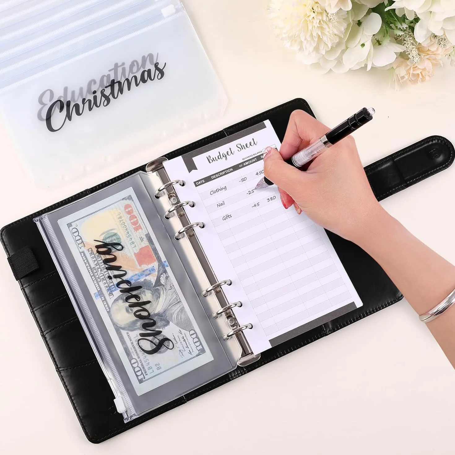 SKYDUE Archivador de anillas A6, agenda de anillas con 100 sobres Challenge, carpeta de presupuesto, carpeta presupuestaria, agenda porta dinero, presupuesto planificador con sobres (adivinación)
