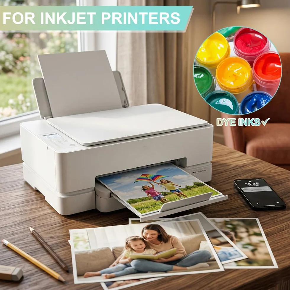Ainiv Papel Fotografico A4, 100 Hojas, 200 g/m² Papel Fotográfico Brillante Secado Rápido, Resistente Al Agua y A Las Manchas Compatible con HP Canon Epson Impresoras de Inyección de Tinta