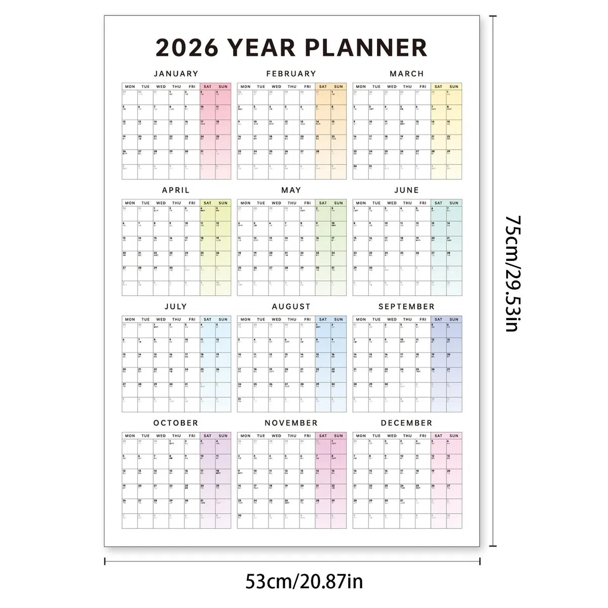 Calendario anual de pared 2026, calendario de pared anual 2026, 29.5 x 20.8 pulgadas (abierto), papel vertical de año completo, planificador mensual familiar para organización y planificación