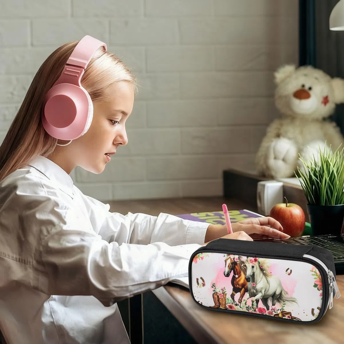 Estuche para lápices, estuche de gran capacidad, estuche para niños con llavero, estuche escolar para escuela, niños, niñas, carbón, Caballo