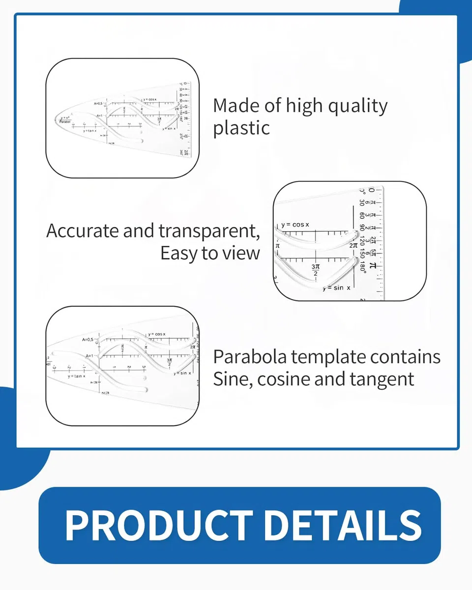 3 pcs plantilla parabólica matemáticas, plantilla curva, regla parabólica, plantilla de dibujo parabólico, curva geométrica plantilla regla para estudiantes, oficina, diseñadores de dibujo