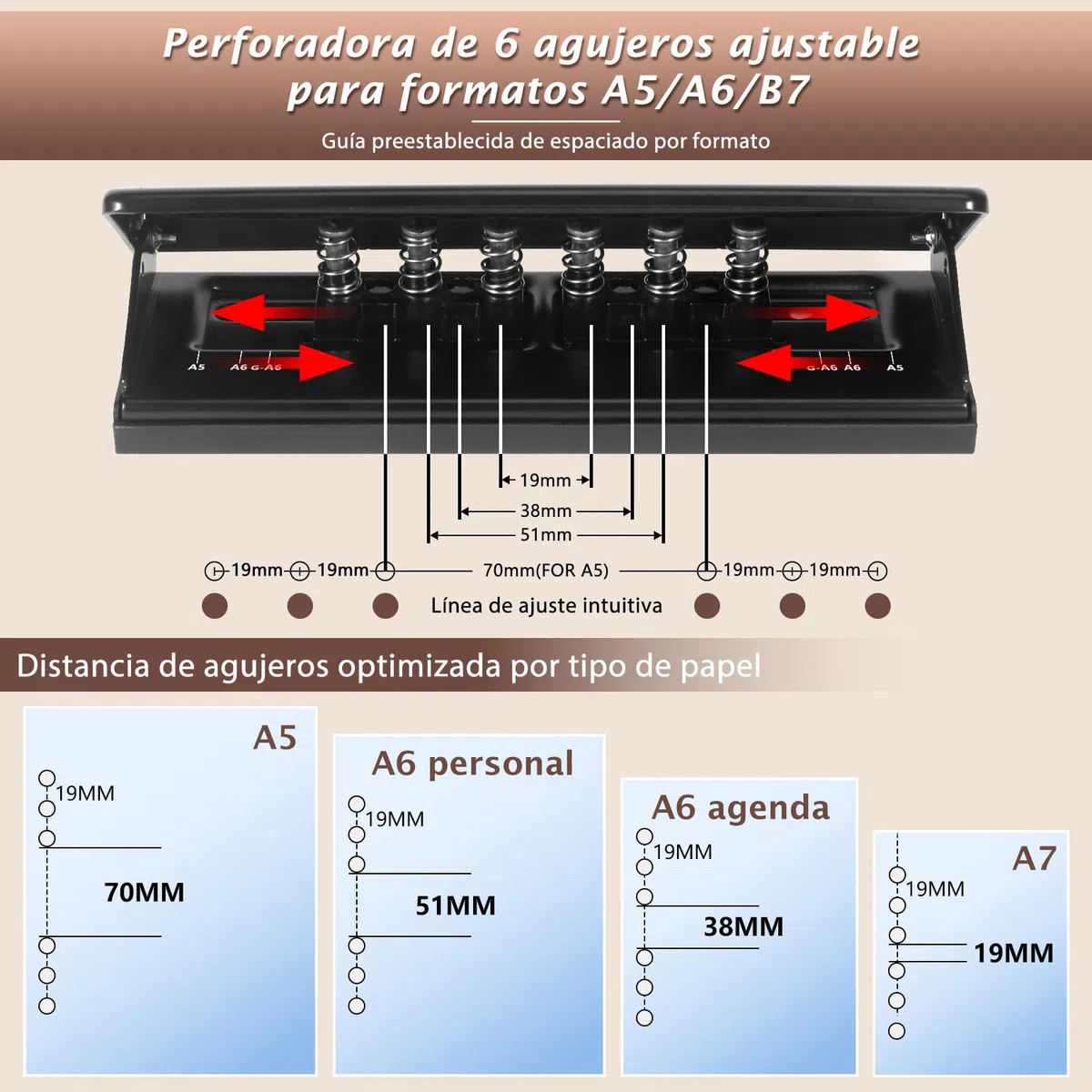 Perforadora de 6 Agujeros de Metal Ajustable, A5, A6, A7, 6 Agujeros, con Marcador de Posicionamiento, 6 Hojas de Capacidad, Para Planificador, Personal, Agenda (Negro)