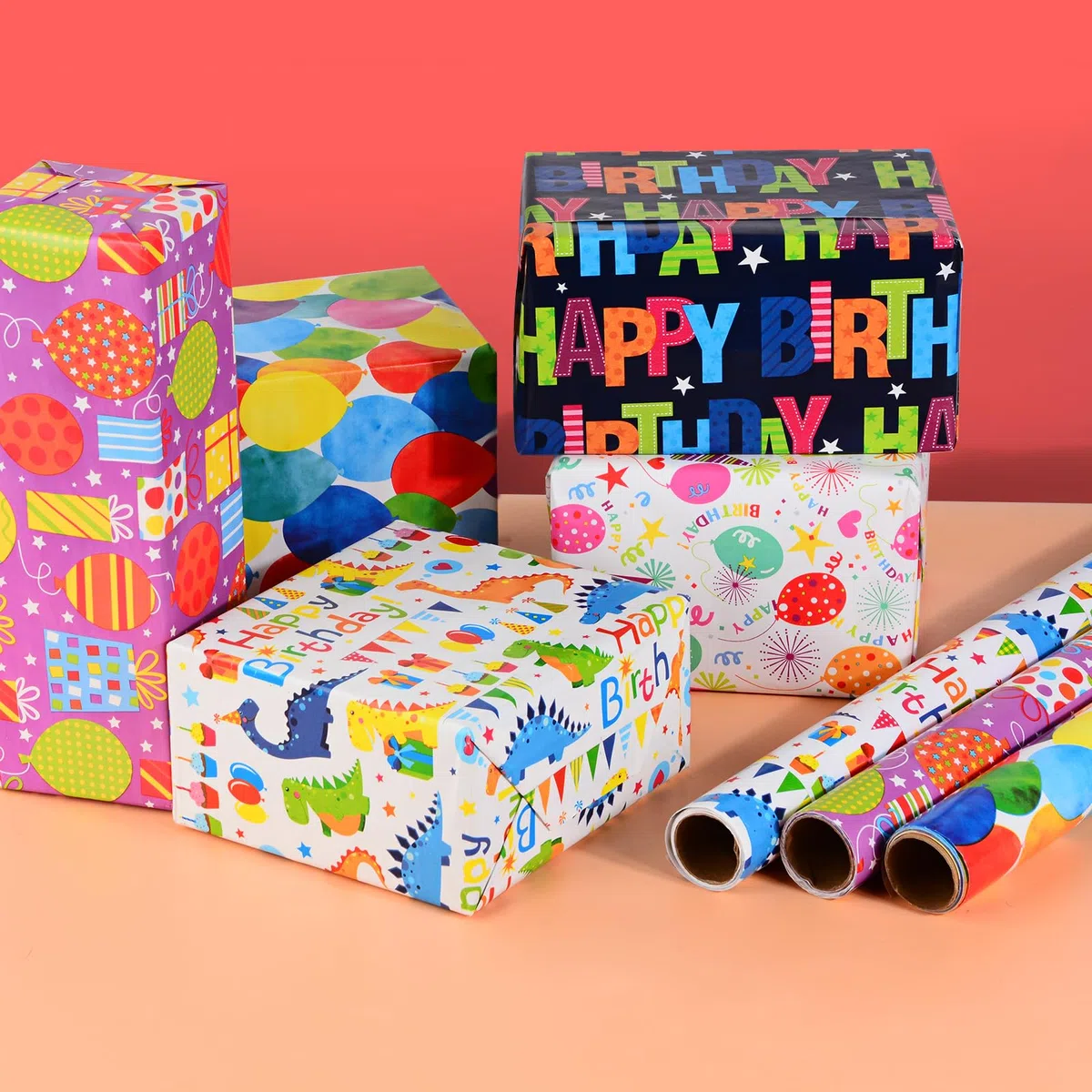 CHEPULA Papel de Regalo Cumpleaños 5 Rollos, 43 cm x 300 cm Papel Regalo para Niños Adultos, Reciclable Gift Wrapping Paper para Todas las Ocasiones de Cumpleaños