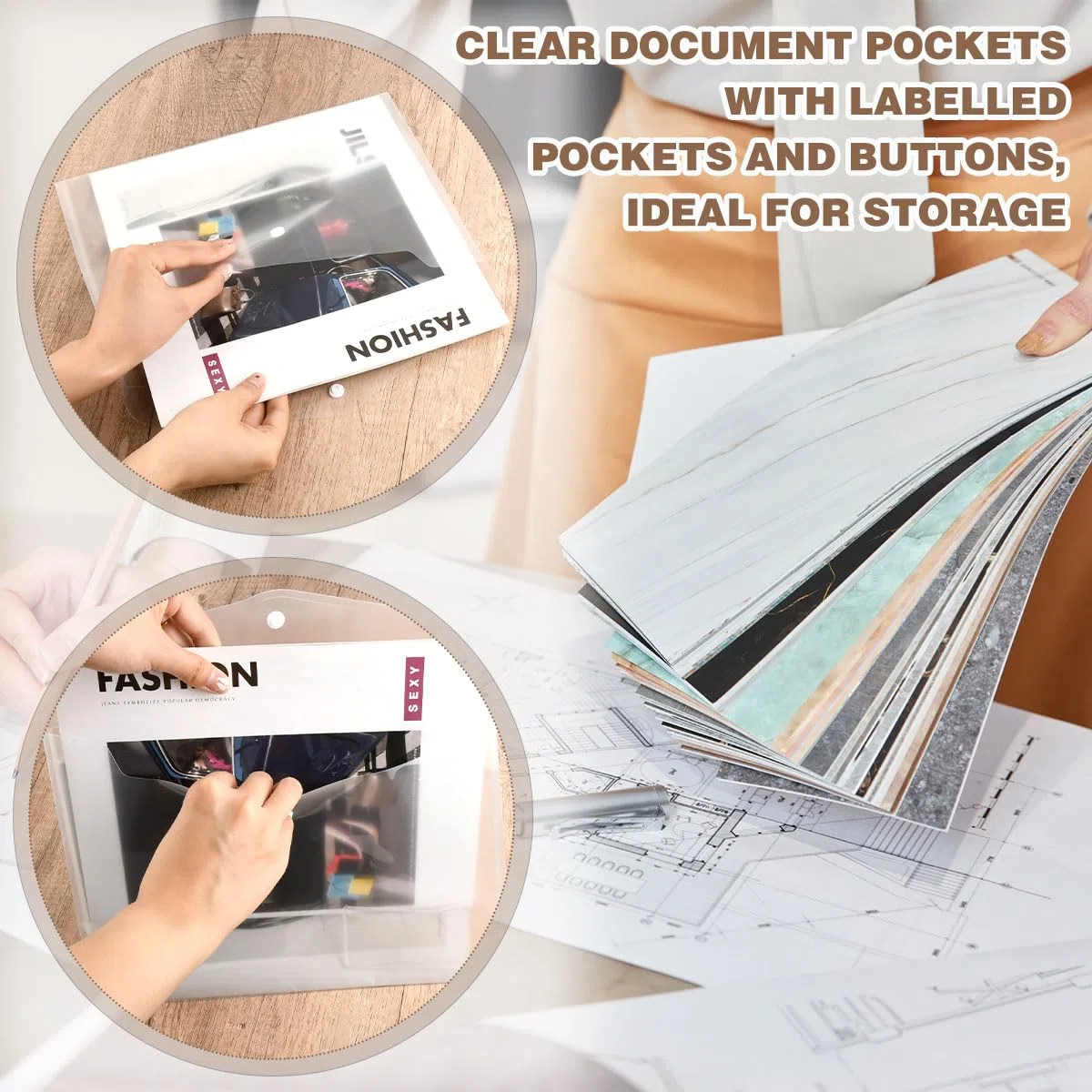 36 Transparente Bolsillos Para Documentos, Portadocumentos Plastico A4 con Botones, Folders Transparentes A4 para La Escuela y Material de Oficina, Carpeta con Transparentes