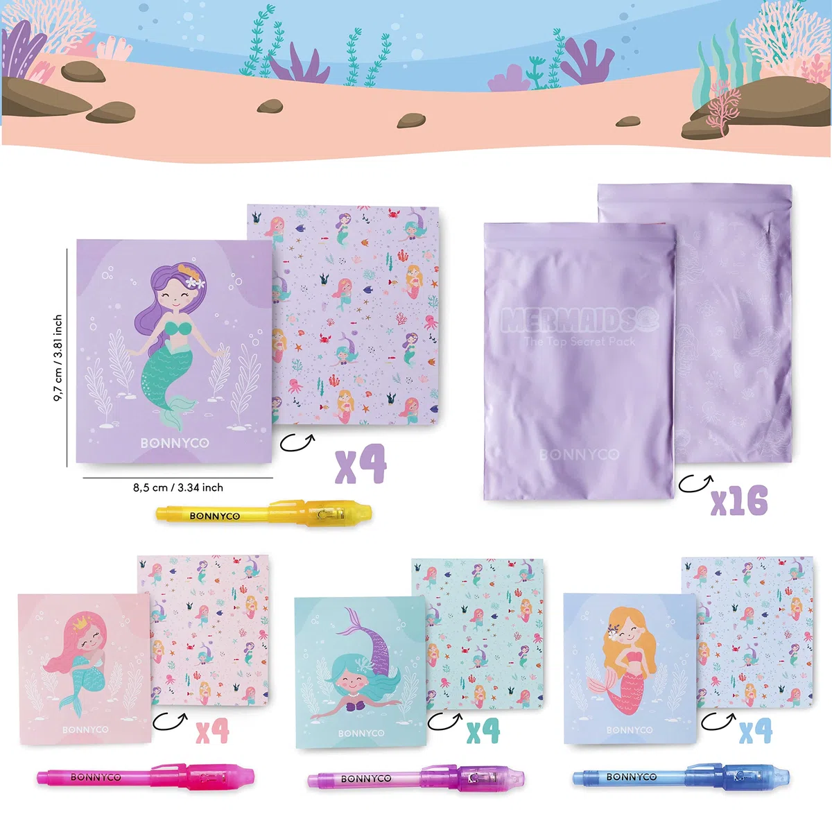 BONNYCO Boligrafo Tinta Invisible y Libreta Sirenas, Pack de 16 Regalos Cumpleaños Niños Colegio. Detalles Cumpleaños Niños, Relleno Piñata Infantil. Regalos Alumnos Primaria Fiesta Infantil