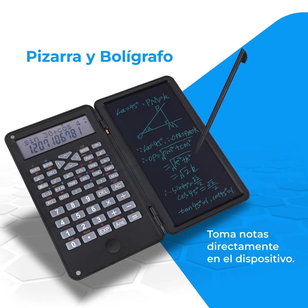 Calculadora Científica de 240 Funciones, Pizarra en Tabla de Escritura de 6'', Lápiz electrónico Incluido, Tapa Protectora, Botón de Control, Batería 1 x CR2025, Color Negro