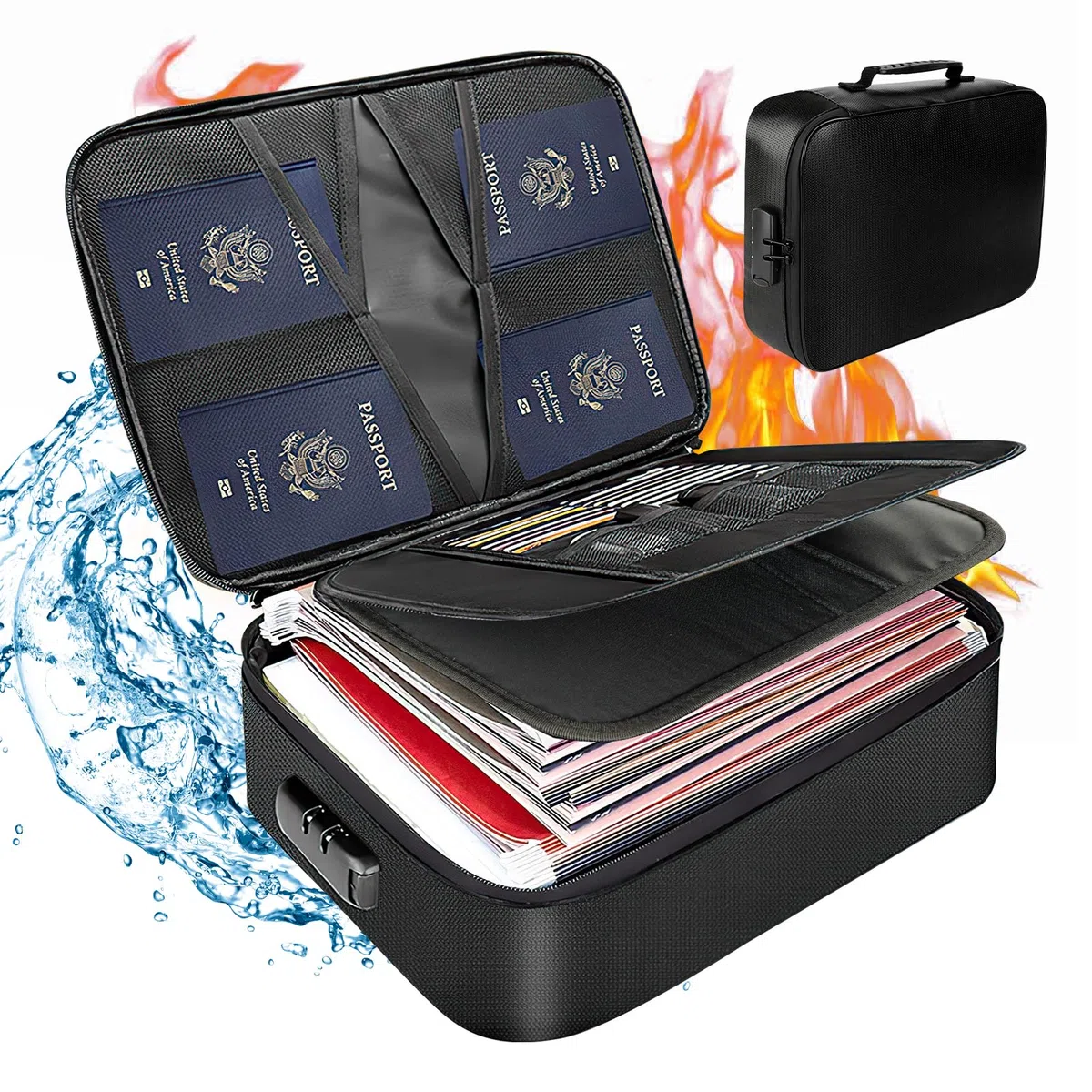 Bolsa de Documentos Ignífuga e Impermeable, Caja de Documentos Ignífuga con Cerradura y Doble Cremallera, Bolsa para Documentos de Gran Capacidad para Pasaportes y Documentos legales(36 * 27 * 10cm)