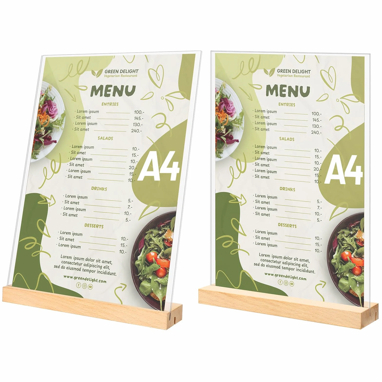 Yoosso Expositor de mesa acrílico A4, 2 unidades, A4, soporte para carteles con base de madera para publicidad, menú, boda, cafetería, restaurante (forma L y T, 2 posibilidades)