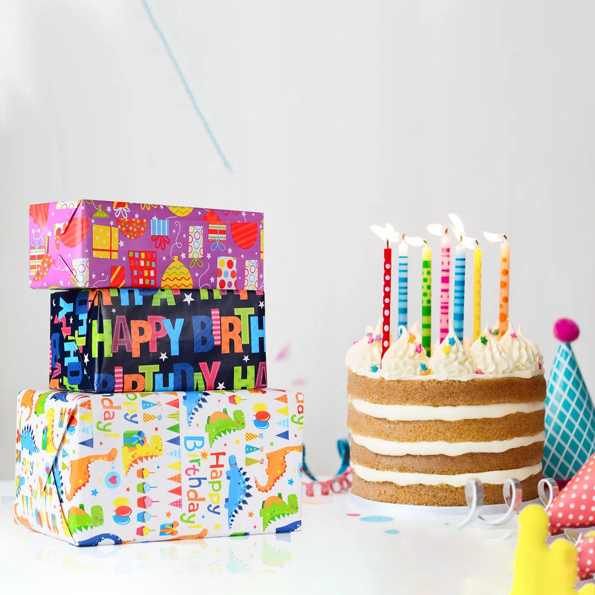 CHEPULA Papel de Regalo Cumpleaños 5 Rollos, 43 cm x 300 cm Papel Regalo para Niños Adultos, Reciclable Gift Wrapping Paper para Todas las Ocasiones de Cumpleaños