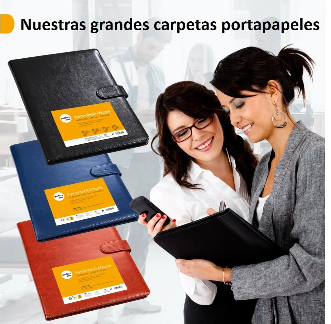 perfect line - Funda con soporte para bloque A4 de piel sintética, bolsa de documentos negra, conferenciante con cierre magnético, conferenciante con 4 compartimentos y abrazadera, ideal como agenda
