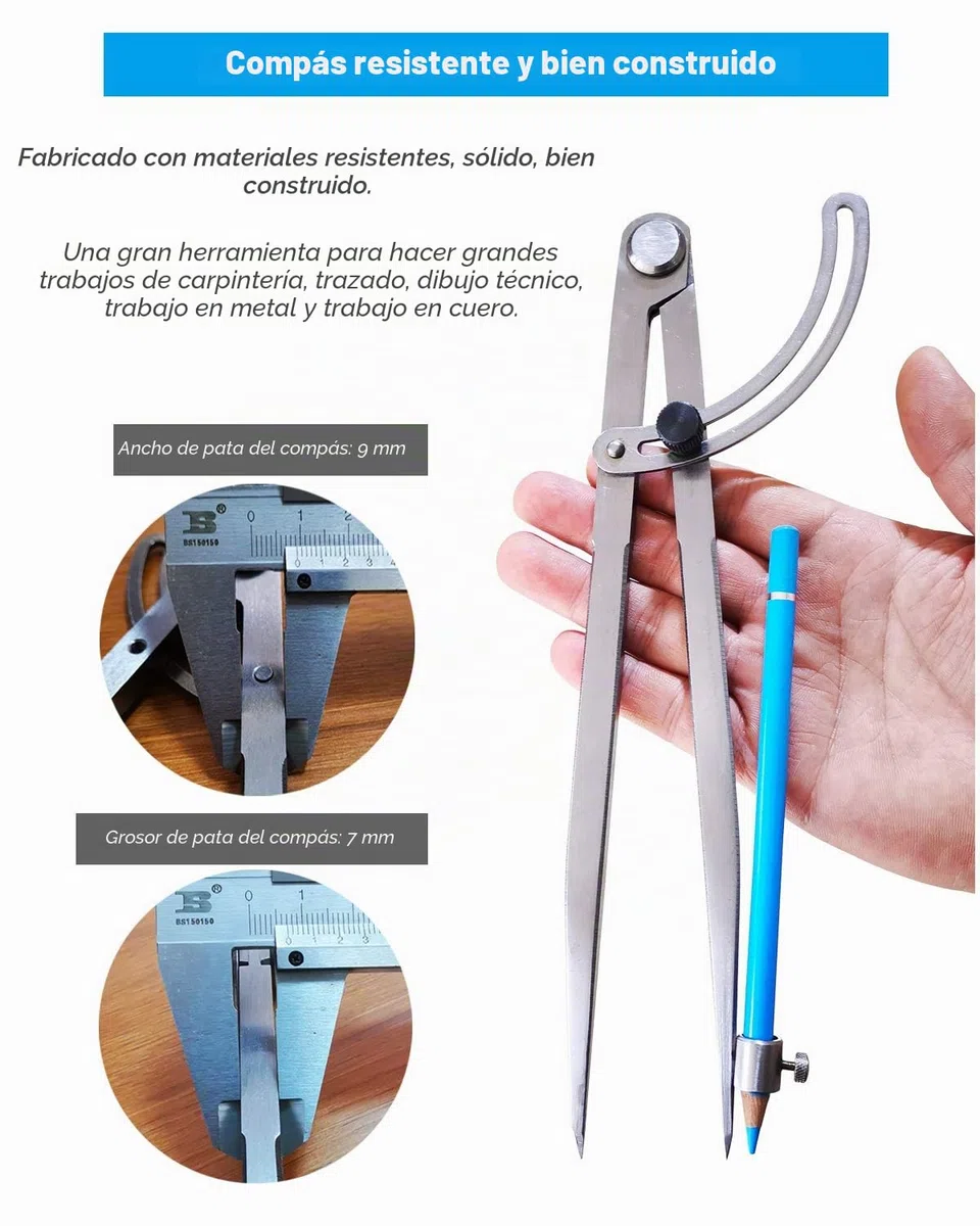Compás profesional para carpintería de 10 pulgadas con portalápices, divisor con cerradura para carpintero, compás para trabajar el cuero, dibujo geométrico
