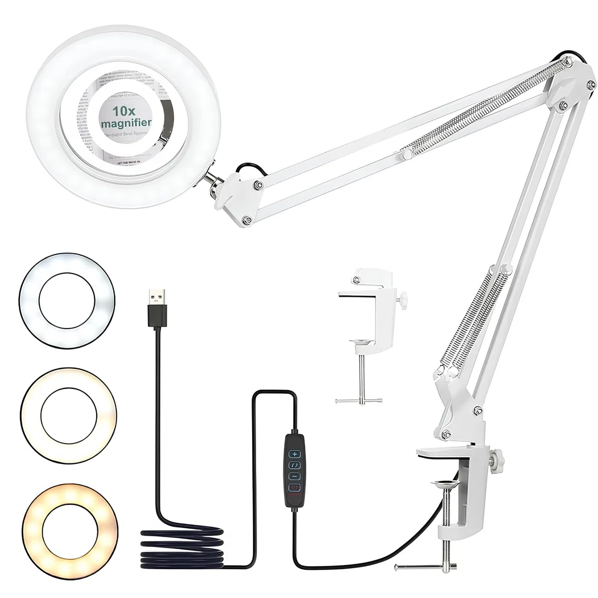 Lámpara de mesa con lupa 10X, 72 LED, 3 modos de color, 10 niveles de brillo, brazo giratorio ajustable pinza metálica, ideal para manicura, tatuaje y lectura -Blanco