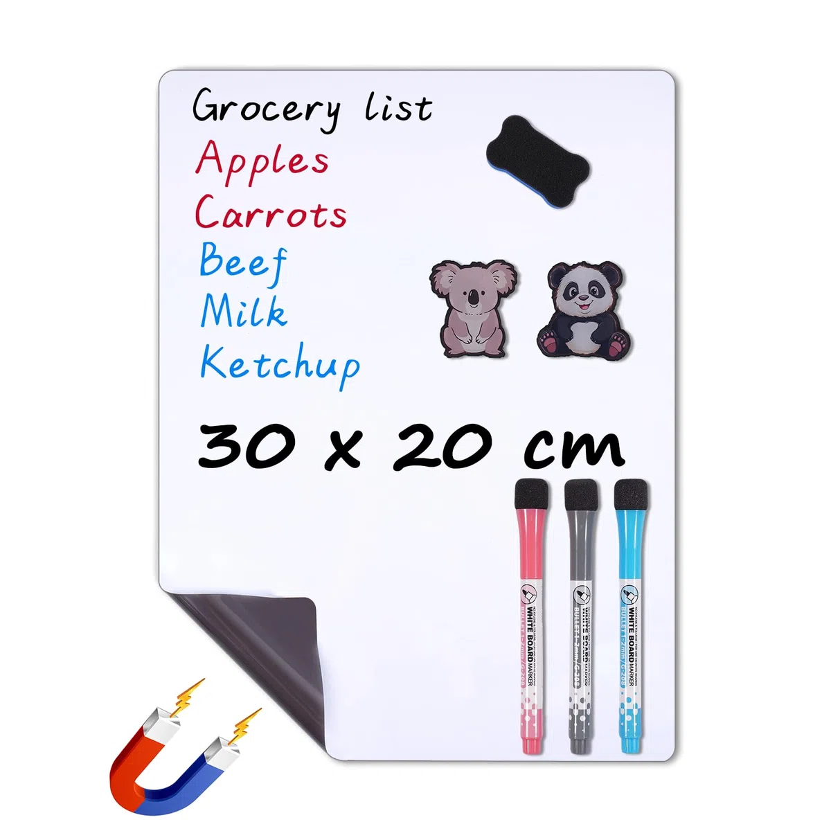 Pizarra blanca magnética para nevera 30 x 20 cm – Tablero blanco borrable en seco con 3 rotuladores y 1 goma, organizador y planificador para cocina, oficina y escuela