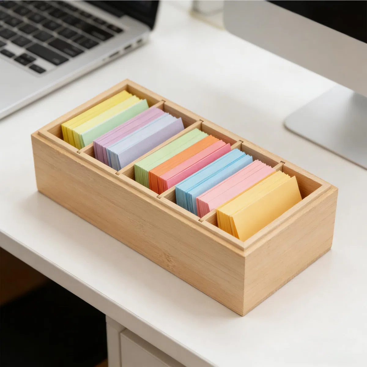 A7 Caja para Tarjetas Maderas, 22x12,6x9cm Caja Vocabulario Maderas con Tapa Organizador de Tarjeta con 4 Tabiques Ajustables Box de Tarjeta Aprendizaje para Oficina, Escuela (Tarjetas no Incluida)