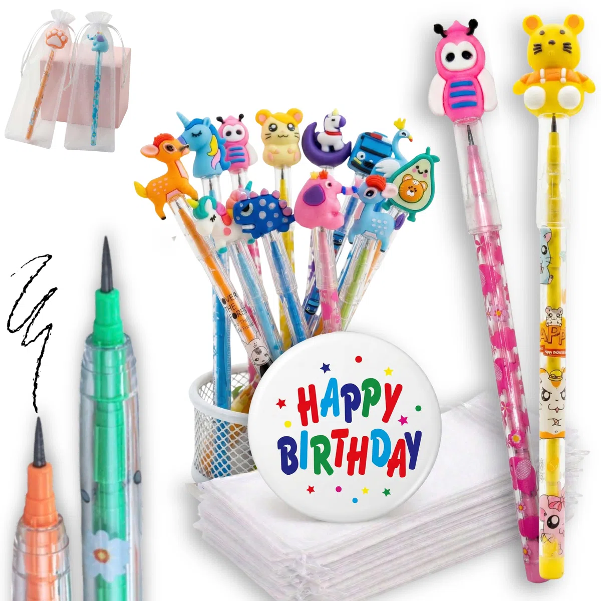 KeKo Pack 30 Lapices Apilables de Punta Intercambiable, 30 Bolsa,1 Chapa Cumpleaños,Regalos Cumpleaños Niños Colegio,Detalles Cumpleaños Niños,Regalitos para Invitados Infantiles,Detalles para Regalar