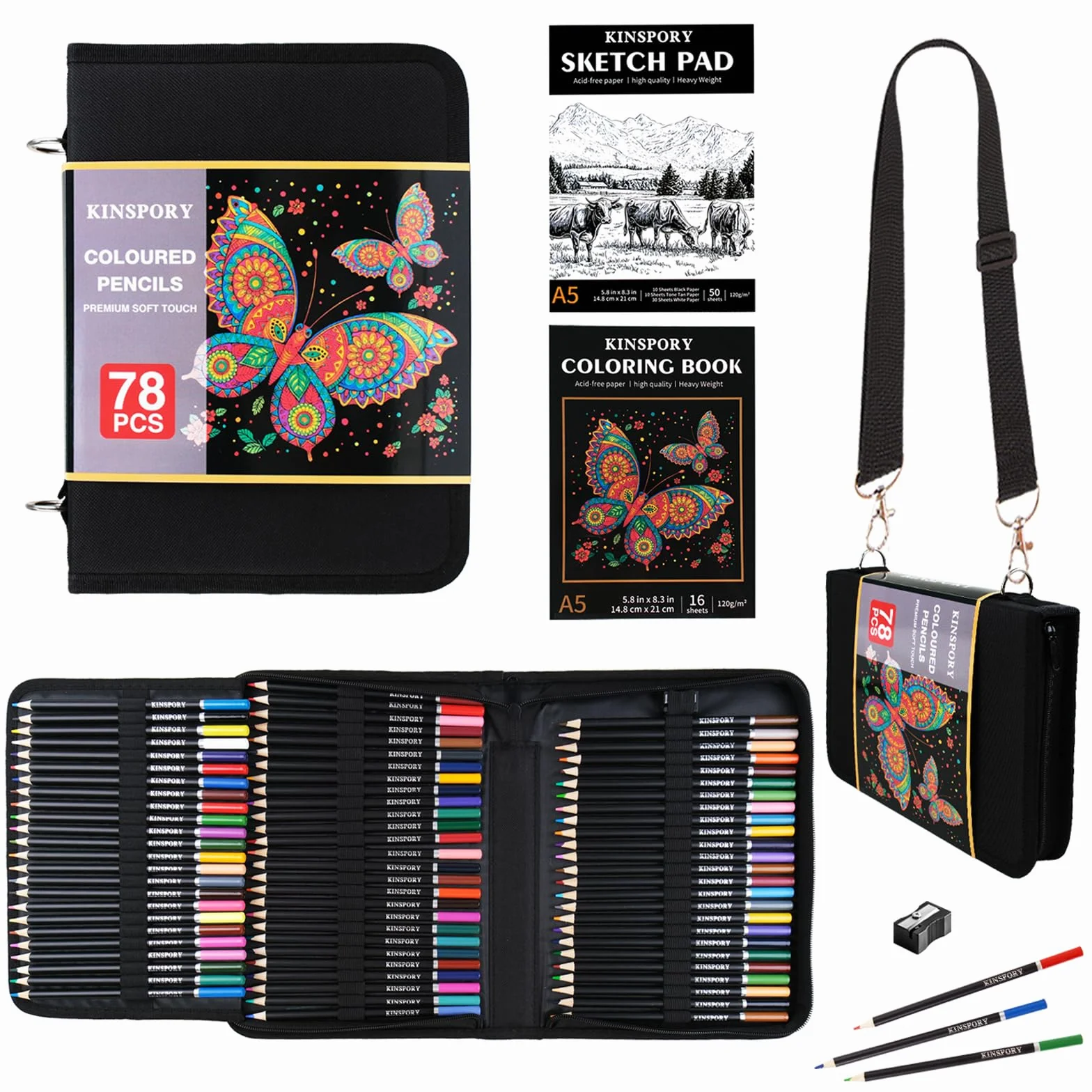 KINSPORY 78 Lápices de Colores con Minas Blandas 3.0 mm, Bloc de Dibujo 50 Hojas 3 Colores, Kit de Dibujo con Correa Ajustable para Hombro - Regalo para Adultos Artistas Principiantes Niñas Niños