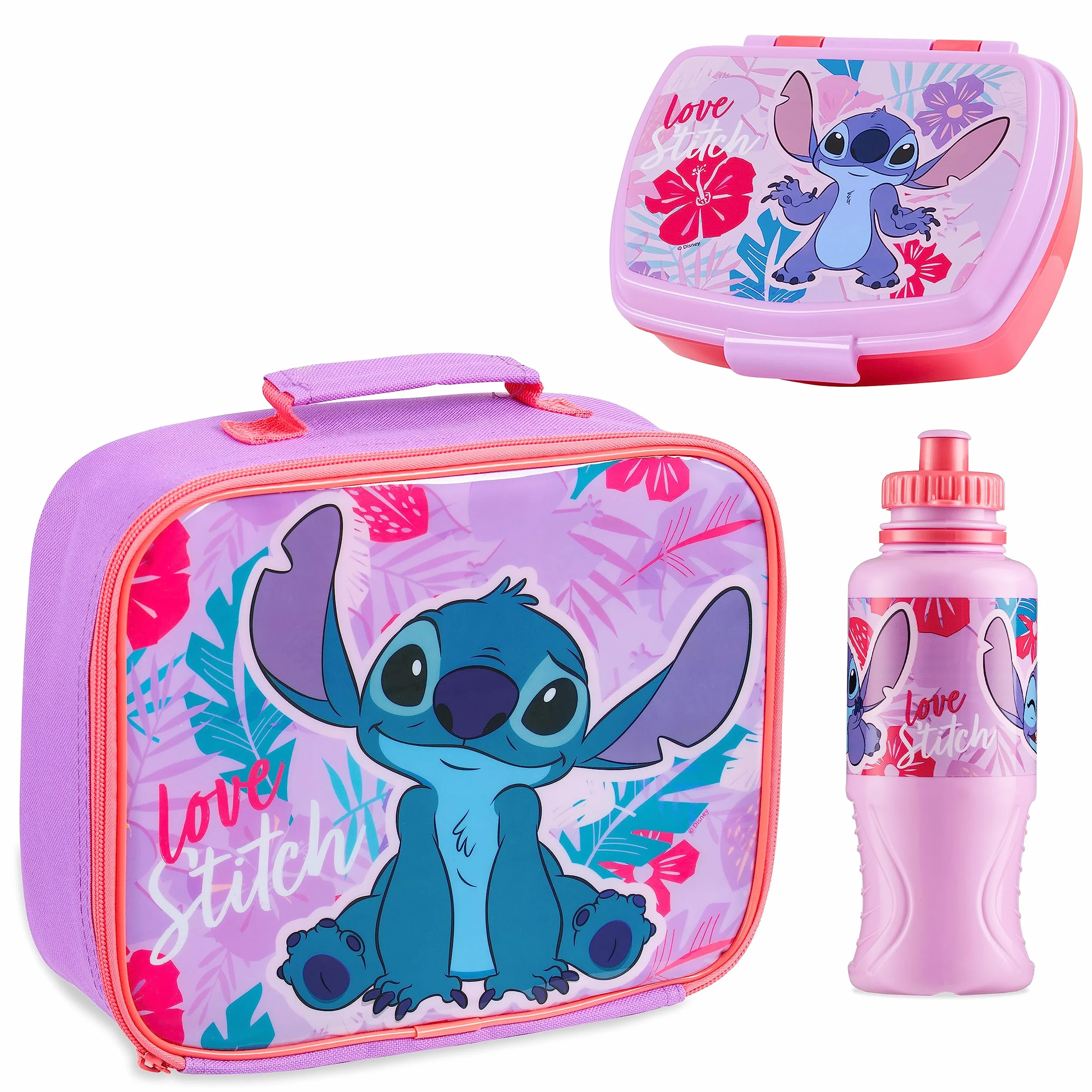Disney Bolsa Termica Porta Alimentos Infantil Set 3 Piezas con Loncheras para Niños, Sandwichera Fiambrera Niña y Botella de Agua, Merienda Bocadillos Cole Guardería Accesorios Oficiales Stitch